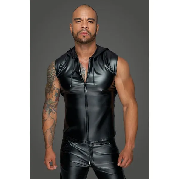 Noir Handmade Anal Powerwetlook Sleeveless Hooded Shirt with 2 Way Zipper Black